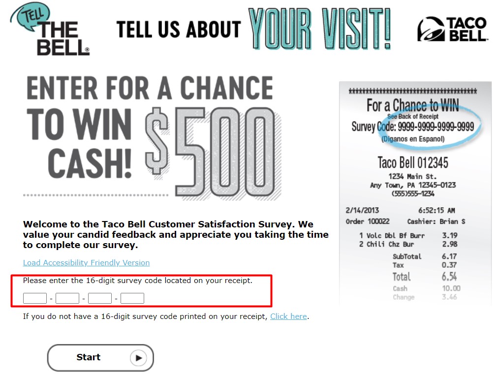 enter the recipt code and complete the tellthebell survey