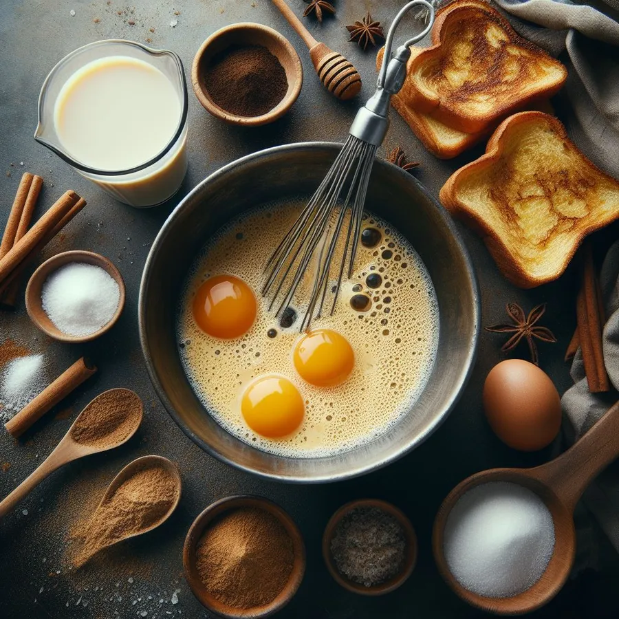 mix the eggs, milk, vanilla, cinnamon, and pinch of salt